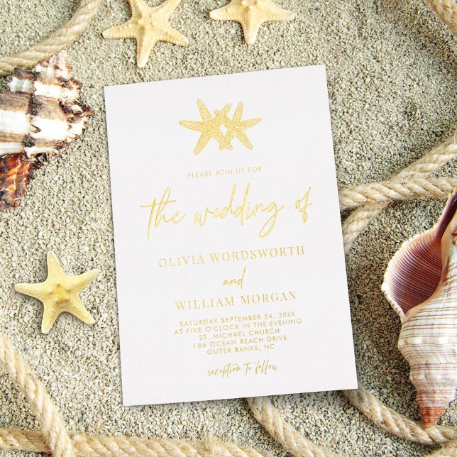Invitación Con Relieve Metalizado Boda de escritura costera de Starfish Beach Modern (Subido por el creador)