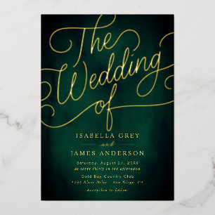 Invitación Con Relieve Metalizado Boda de escritura de caligrafía en oro esmeralda 