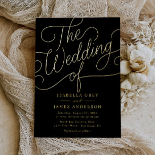 Invitación Con Relieve Metalizado Boda de escritura de caligrafía negra dorada 