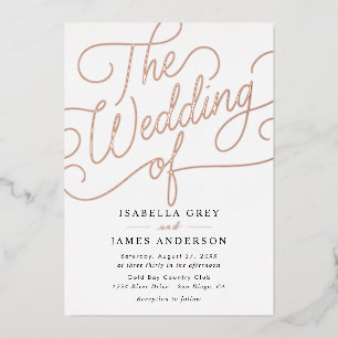 Invitación Con Relieve Metalizado Boda de escritura de caligrafía negra en oro rosa 