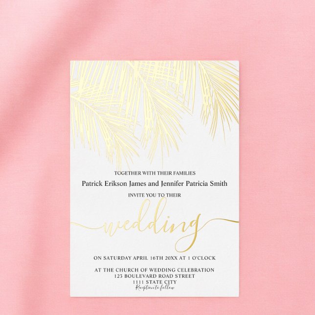 Invitación Con Relieve Metalizado Boda de escritura elegante de la palmera del Relie (Modern gold foil palm tree elegant script wedding foil invitation)