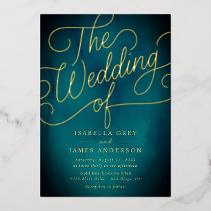 Invitación Con Relieve Metalizado Boda de escritura en caligrafía dorada turquesa