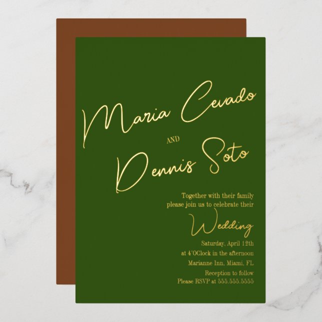 Invitación Con Relieve Metalizado Boda de escritura marrón verde botánica (Anverso/Reverso)