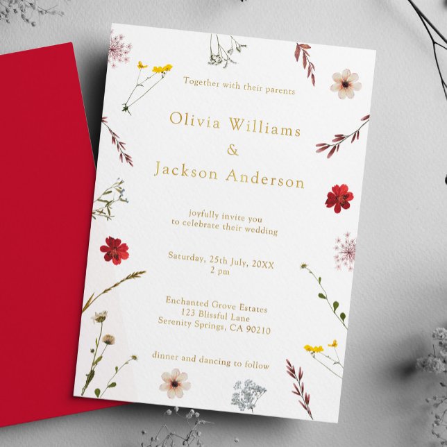 Invitación Con Relieve Metalizado Boda de escritura romántica de flores silvestres (Subido por el creador)