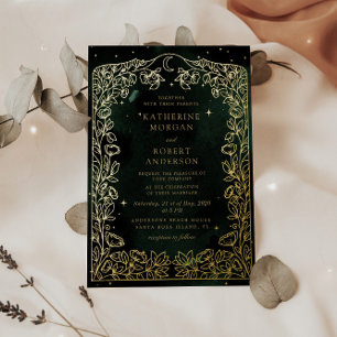 Invitación Con Relieve Metalizado Boda de esmeralda celestial dorada luna follaje