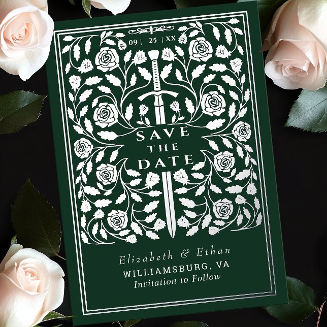 Invitación Con Relieve Metalizado Boda de espada verde real medieval salva la fecha (Subido por el creador)