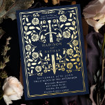 Invitación Con Relieve Metalizado Boda de espadas medievales azul<br><div class="desc">Celebre su día especial con este diseño de Boda de espadas medievales. Este diseño presenta un marco con una espada y flores. El dorso de este producto está impreso en colores planos y NO es un Relieve metalizado real.</div>