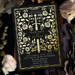Invitación Con Relieve Metalizado Boda de espadas medievales Black Royal<br><div class="desc">Celebre su día especial con este diseño de Boda de espadas medievales. Este diseño presenta un marco con una espada y flores. El dorso de este producto está impreso en colores planos y NO es un Relieve metalizado real.</div>