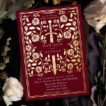 Invitación Con Relieve Metalizado Boda de espadas medievales de Red Royal<br><div class="desc">Celebre su día especial con este diseño de Boda de espadas medievales. Este diseño presenta un marco con una espada y flores. El dorso de este producto está impreso en colores planos y NO es un Relieve metalizado real.</div>