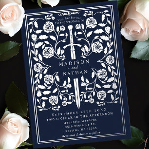 Invitación Con Relieve Metalizado Boda de espadas medievales Silver Blue Royal