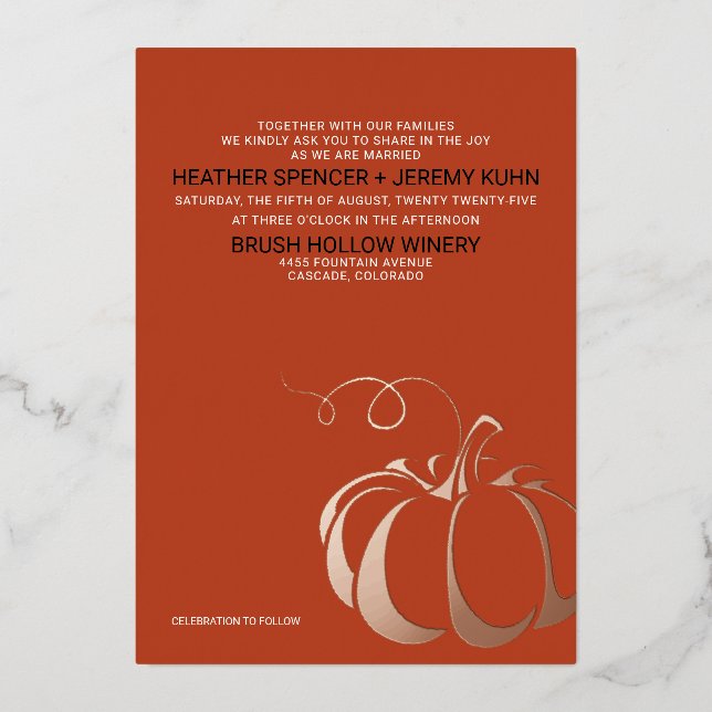 Invitación Con Relieve Metalizado Boda de especias de calabaza (Anverso)