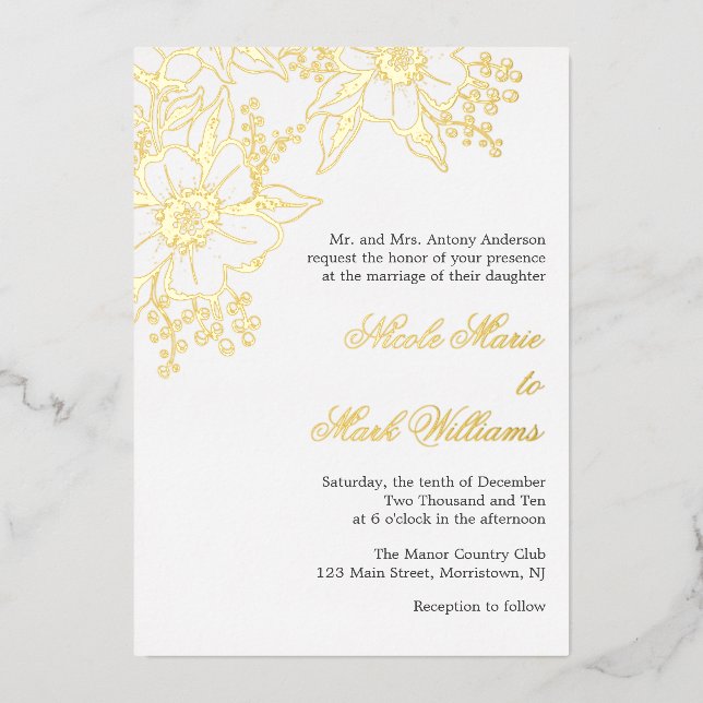 Invitación Con Relieve Metalizado Boda de estilo floral Letterpress (Anverso)
