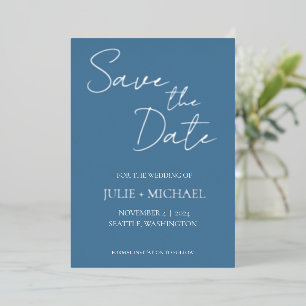 Invitación Con Relieve Metalizado Boda de estilo simple azul francés, guarde la fech