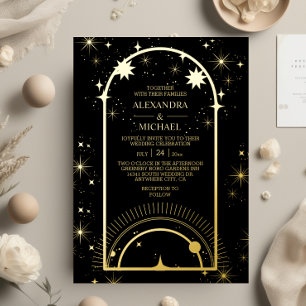 Invitación Con Relieve Metalizado Boda de Estrellas Celestiales de Oro Negro Místico