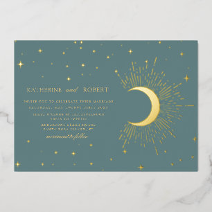 Invitación Con Relieve Metalizado boda de estrellas doradas de salvia celestial de m
