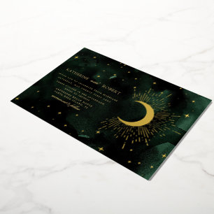 Invitación Con Relieve Metalizado Boda de Estrellas Doradas Verde Medianoche Celesti