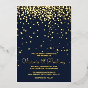 Invitación Con Relieve Metalizado Boda de estrellas fugaces elegante de azul marino 
