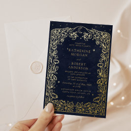 Invitación Con Relieve Metalizado Boda de Estrellas Luna Azul Celestial Medianoche