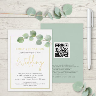 Invitación Con Relieve Metalizado Boda de Eucalipto con Borde de Acuarela en Oro Rea