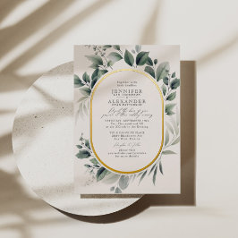 Invitación Con Relieve Metalizado Boda de eucalipto con hoja simple de oro y marfil