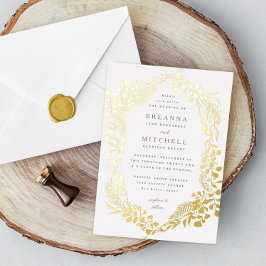 Invitación Con Relieve Metalizado Boda de eucalipto de helecho dibujado a mano en or