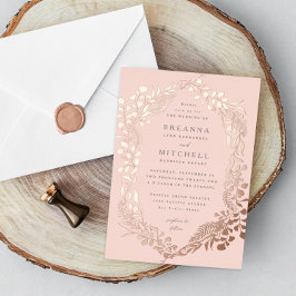 Invitación Con Relieve Metalizado Boda de Eucalipto Helecho Dibujado a Mano en Rosa
