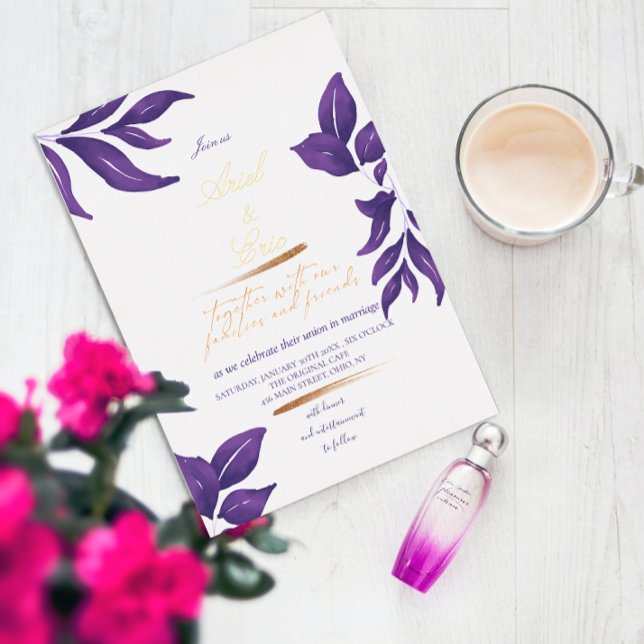 Invitación Con Relieve Metalizado Boda de Eucaliptos de Morado Esmeralda y Oro (Subido por el creador)