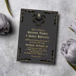 Invitación Con Relieve Metalizado Boda de fantasía con monograma de dragón dorado ne