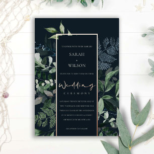Invitación Con Relieve Metalizado Boda de fauna tropical frondosa verde negro de la