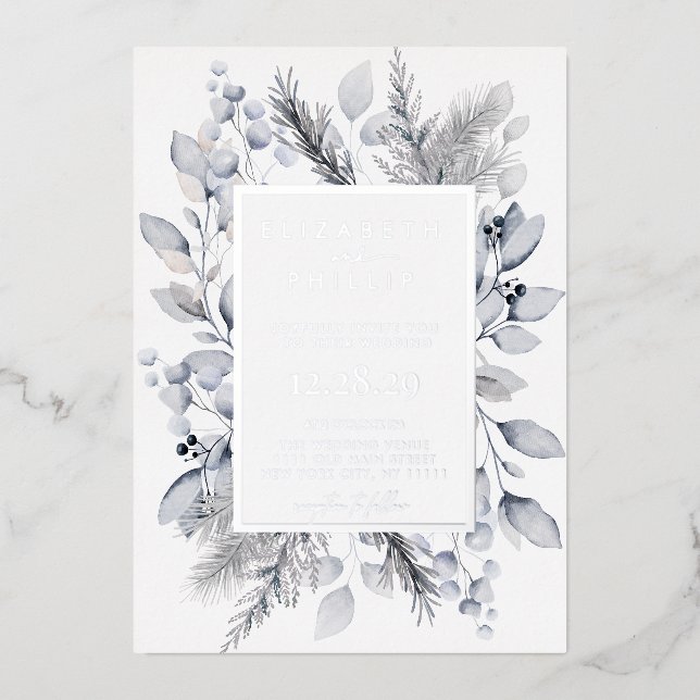 Invitación Con Relieve Metalizado Boda de feriado botánico floral de invierno platea (Anverso)