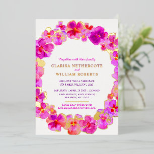 Invitación Con Relieve Metalizado Boda de flor de acuarela de pensamiento rosa oro