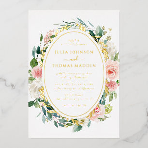 Invitación Con Relieve Metalizado Boda de Flor de Follaje de Oro Rosado