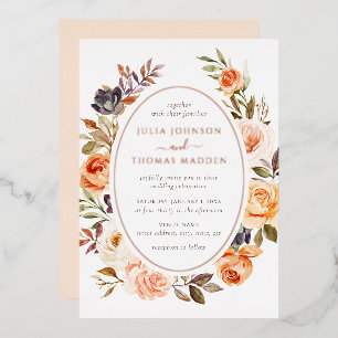 Invitación Con Relieve Metalizado Boda de Flor de Follaje Floral Naranja Quemada