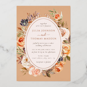 Invitación Con Relieve Metalizado Boda de Flor de Naranja Quemada Vintage