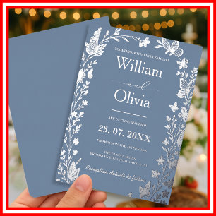 Invitación Con Relieve Metalizado Boda de Flor Silvestre Dusty Blue Silver
