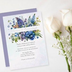 Invitación Con Relieve Metalizado Boda de Florales Acuarela Azul Violeta Bohemio