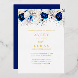 Invitación Con Relieve Metalizado Boda de Flores Azul Modernas de Oro Real