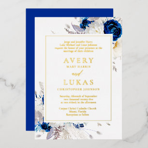 Invitación Con Relieve Metalizado Boda de flores azules reales modernas de oro