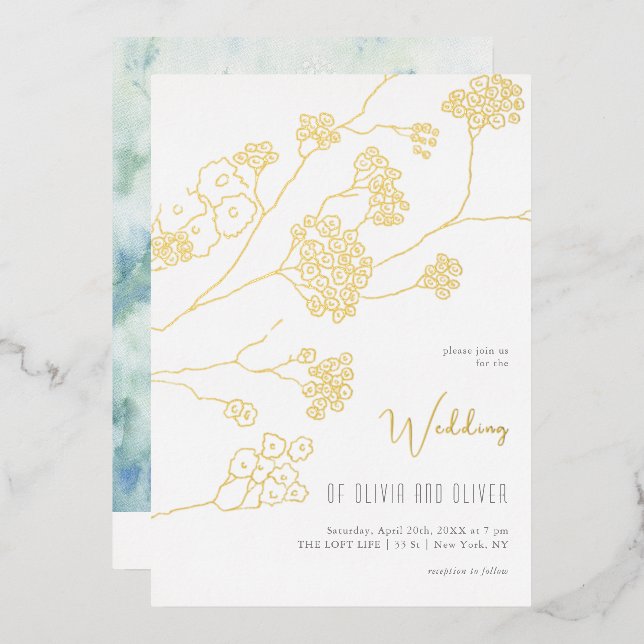Invitación Con Relieve Metalizado Boda de flores blancas pequeñas (Anverso/Reverso)