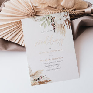 Invitación Con Relieve Metalizado Boda de flores boho blancas con hojas verde salvia