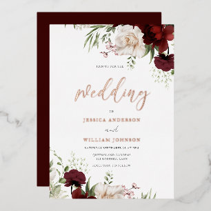 Invitación Con Relieve Metalizado Boda de flores borgoña y blancas con hoja de oro r