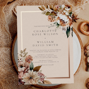 Invitación Con Relieve Metalizado Boda de flores de acuarela de otoño crema elegante