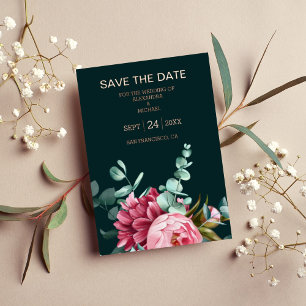Invitación Con Relieve Metalizado Boda de Flores de Borgoña con Acuarela Verde Esmer