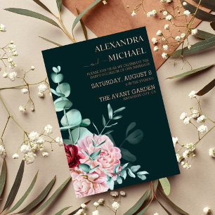 Invitación Con Relieve Metalizado Boda de flores de borgoña de color verde esmeralda