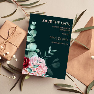 Invitación Con Relieve Metalizado Boda de flores de borgoña de color verde esmeralda