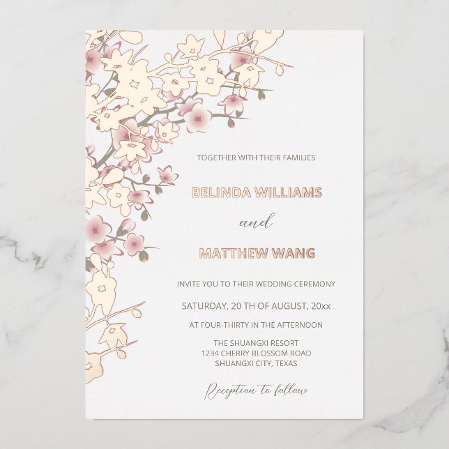 Invitación Con Relieve Metalizado Boda de flores de cerezo rosado de oro (Anverso)