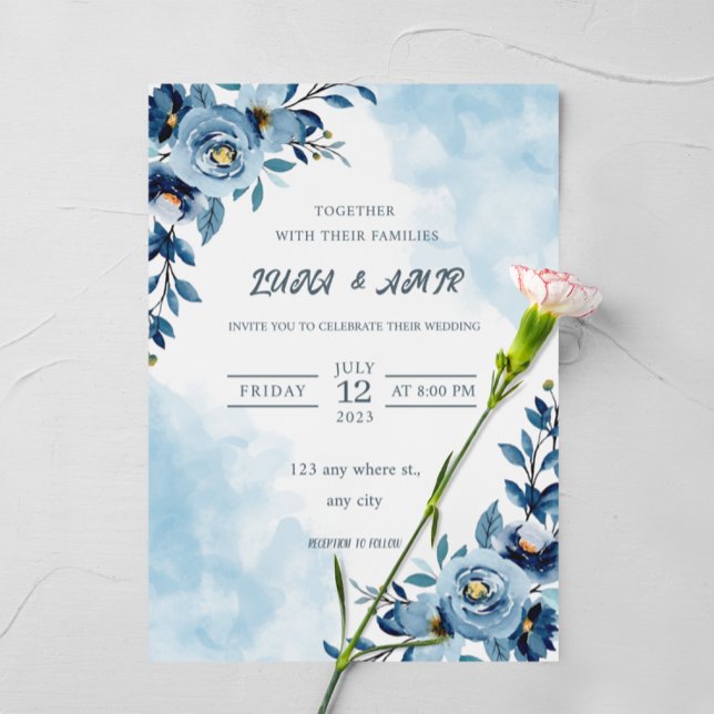 Invitación Con Relieve Metalizado boda de flores de color azul elegante (Subido por el creador)