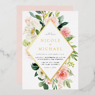 Invitación Con Relieve Metalizado Boda de flores de jardín con acuarela romántica