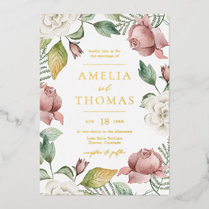 Invitación Con Relieve Metalizado Boda de flores de mauve rosa y rosa blanco