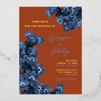 Invitación Con Relieve Metalizado Boda de flores de terracota elegante y azul polvor